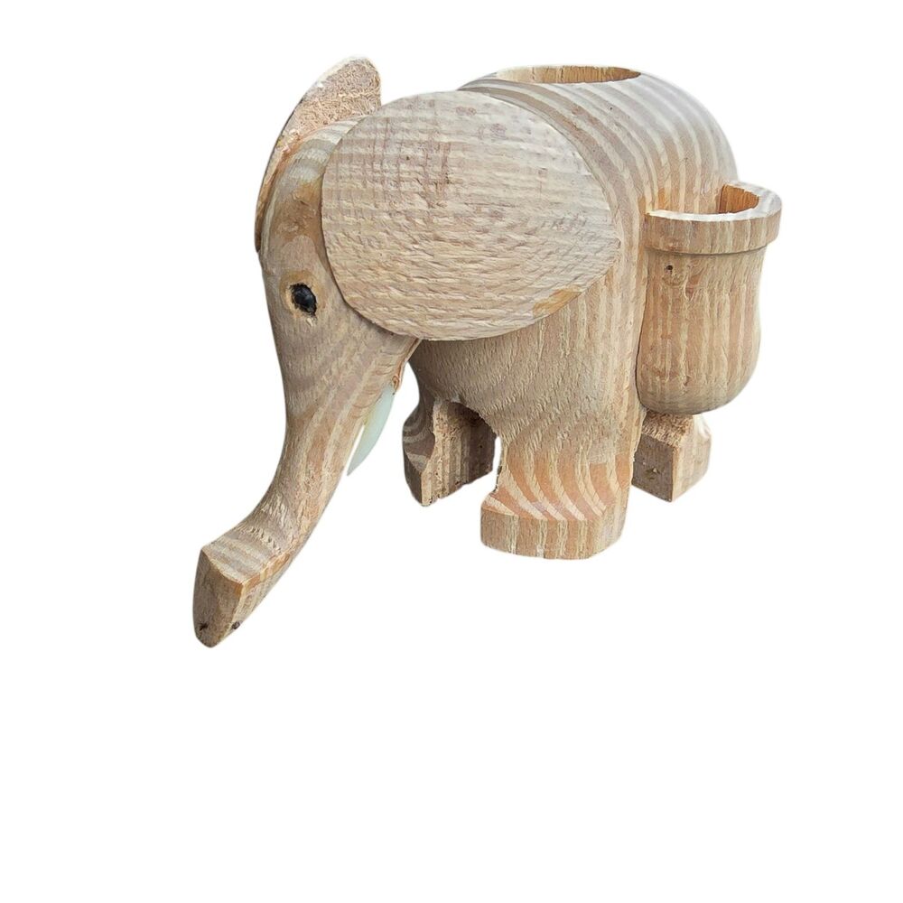 Vintage Wood Hand Carved Elephant Candle Matches Holder Handmade